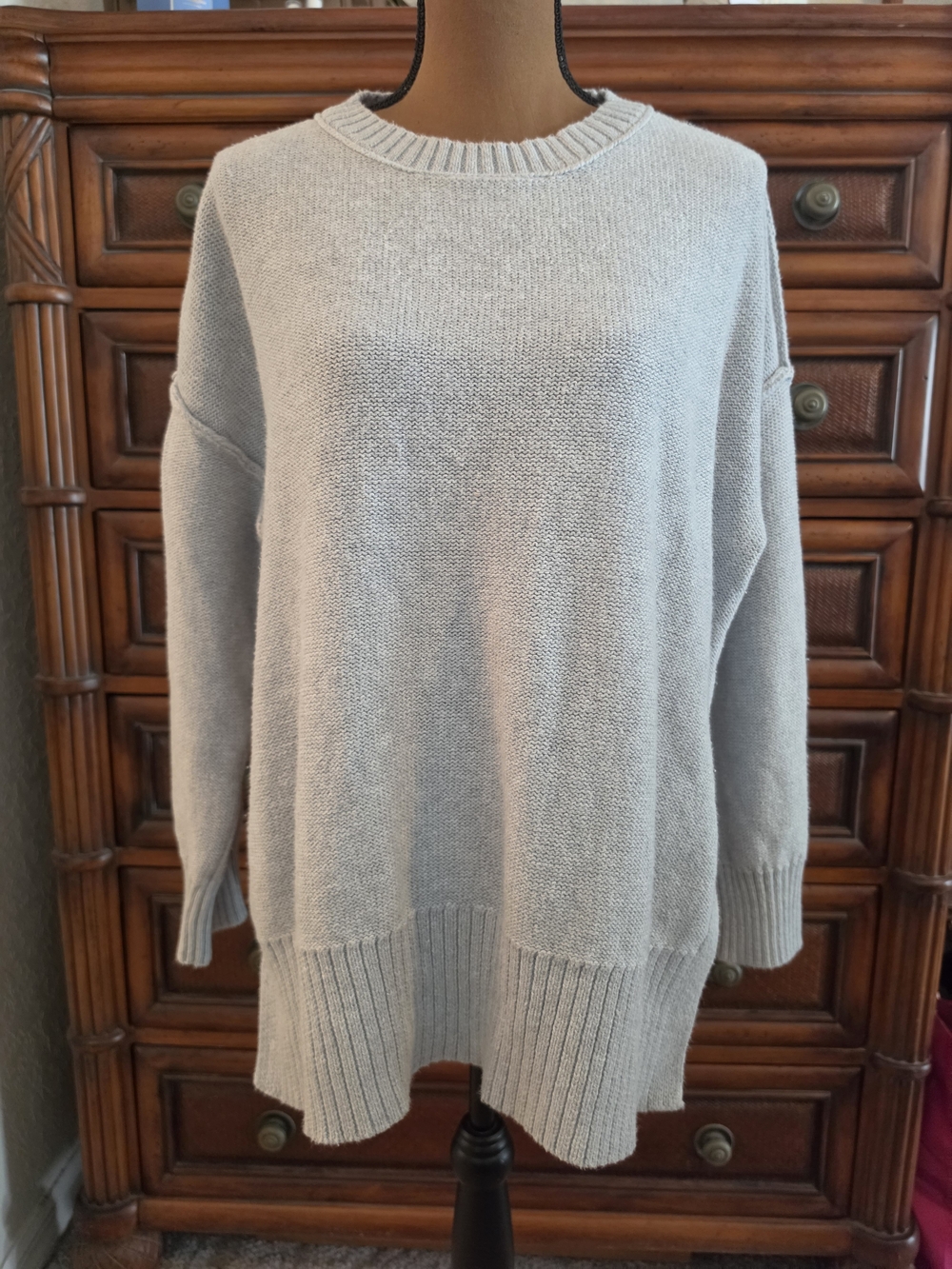 Aerie Oversized Crew Neck Knit Pullover Sweater High Low Split Hem Grey Small